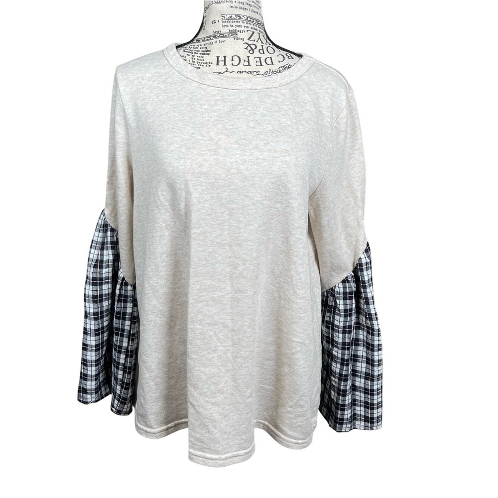 Doe‎ & Rae Cream Knit Top with Black & White Plaid Bell Sleeves